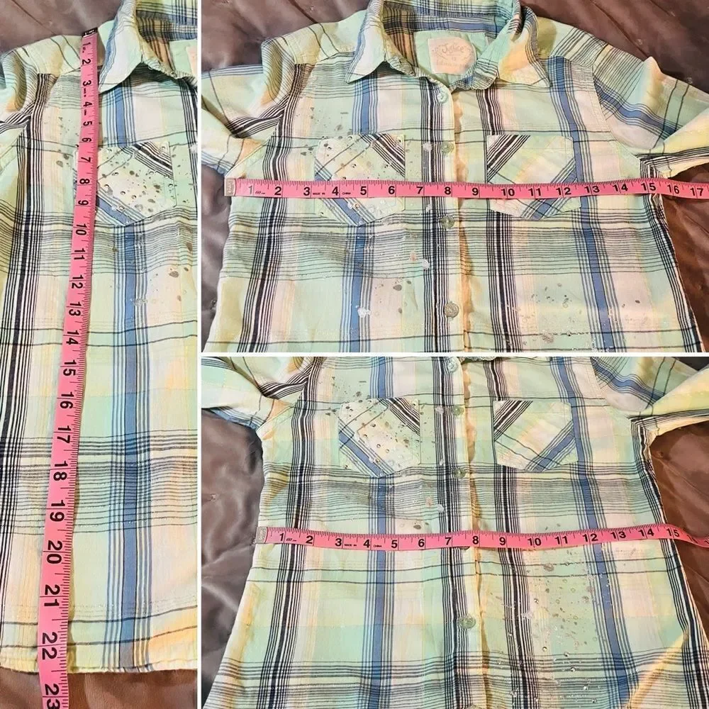 Justice Paint Splatter Silver Thread Plaid Button Down Shirt Green Blue 12